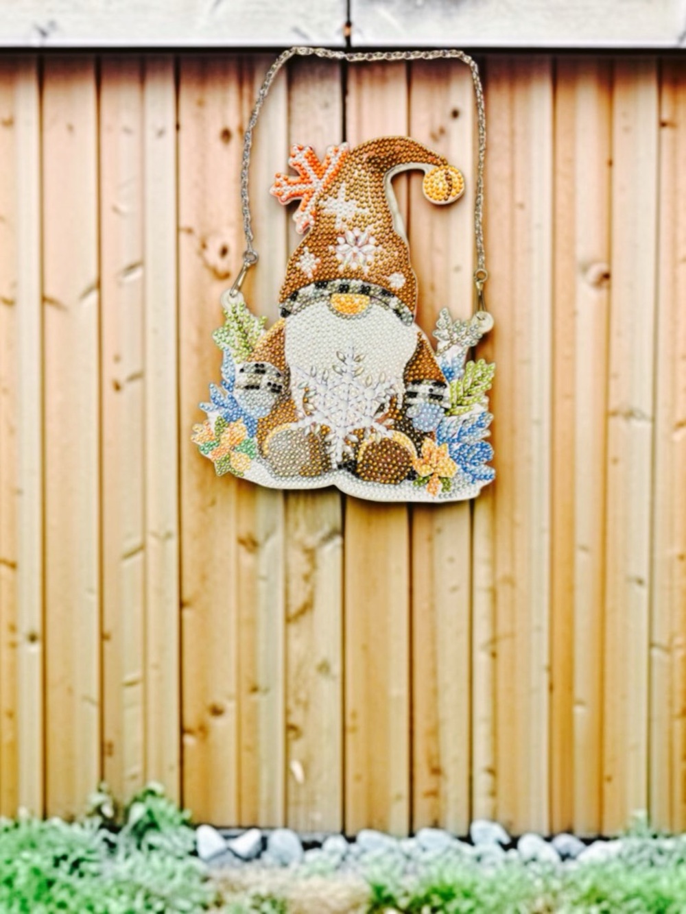 Gnome Hanging Sign Wall Decor Hand Crafted Sealed Diamond Art 7”